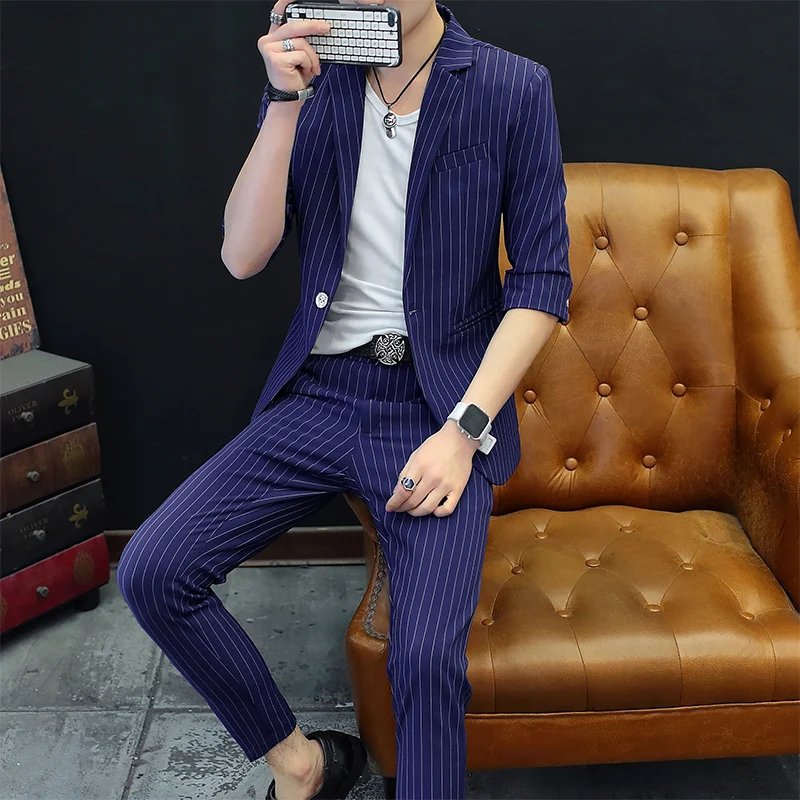 Casualcasualsuit with seven-point sleeves for light wind summer thin Korean version of loose mid-sleeve men\'s suit two-piece set