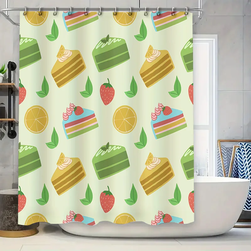 Cortina de ducha con diseño de pastel brillante, decoración de baño y cocina con rodaja de limón, fresa, diseño de pastel de crema de lima para decoración del hogar