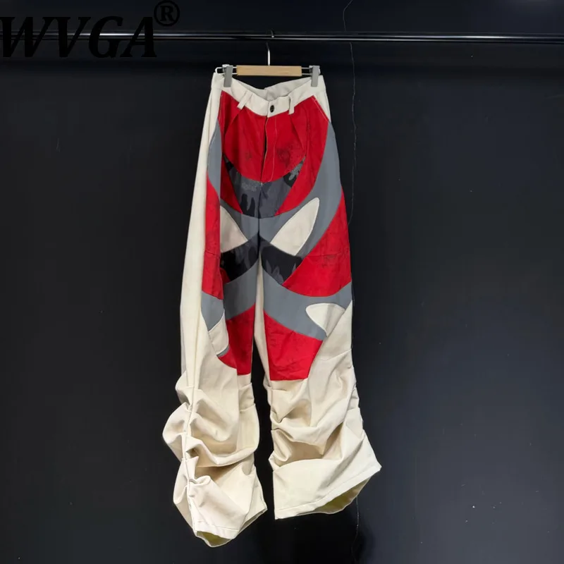 

WVGA Spring Autumn New Men American Style Color Block Printed Wide Leg Niche Chic Casual Deconstructed Floor-Length Pants W16812