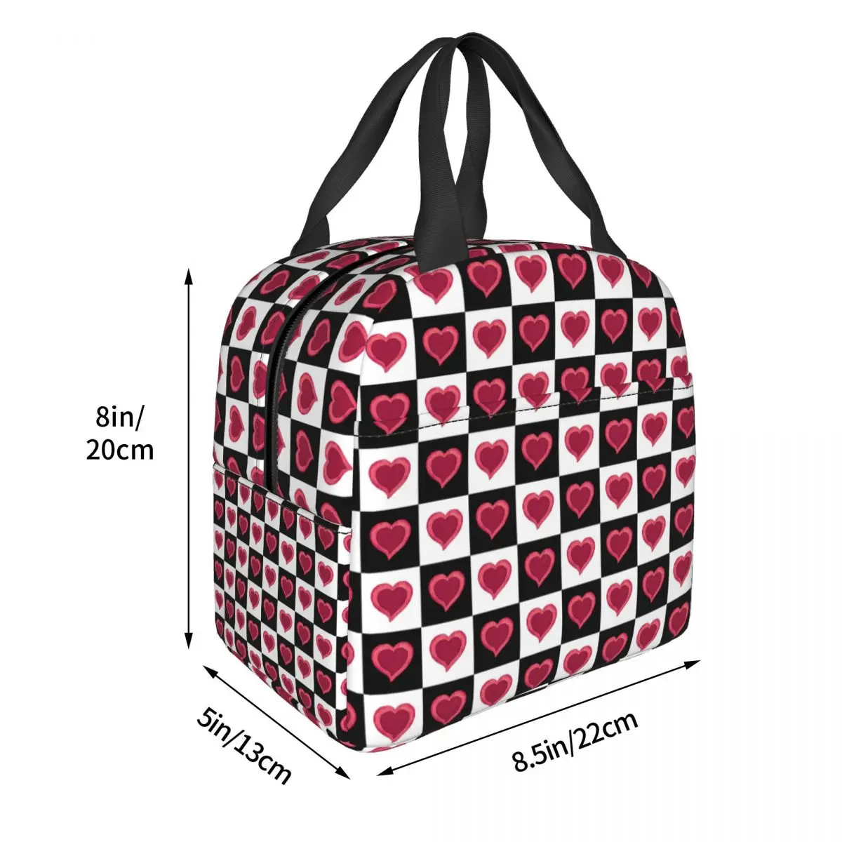 Red Watercolor Hearts Black And White Checkered Pattern Lunch Bags Insulated Bento Box Lunch Tote Picnic Bags Thermal Bag