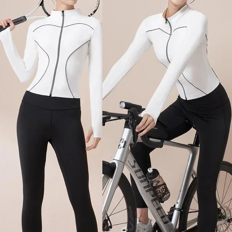 Aiithuug Autumn Spring Top Reflective Stripe Night Run Yoga Jackets Thumbhole Yoga Jacket Long Sleeve Sports Jacket Gym Shirt