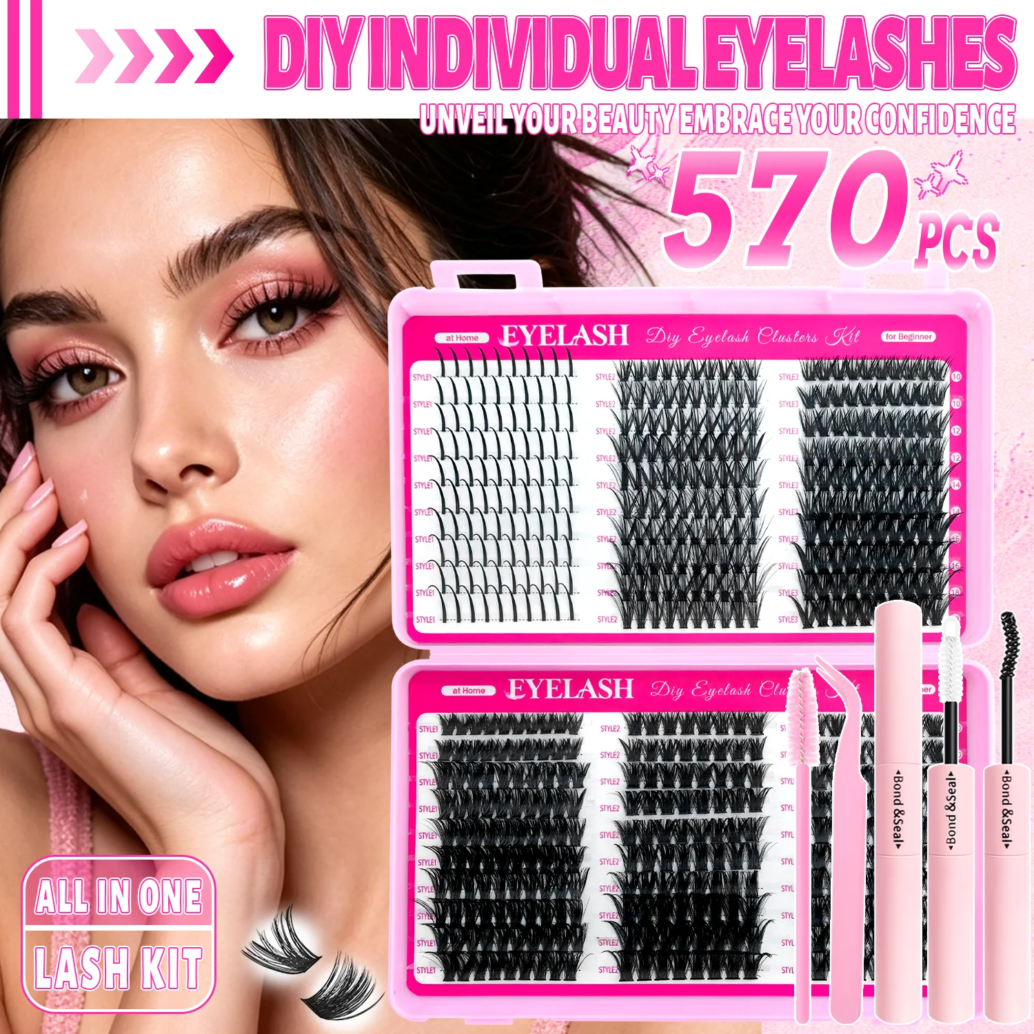 450/570/800 Stück Wimpernverlängerungs-Set 40D-120D+Spikes Flauschige Wimpern D-Curl Dickes Volumen Gemischte Längen für Anfänger zu Hause