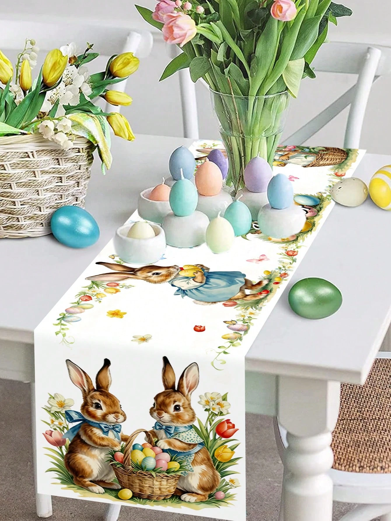 1pc Easter Table Runner Linen 2D Print - Bunny Basket Eggs & 