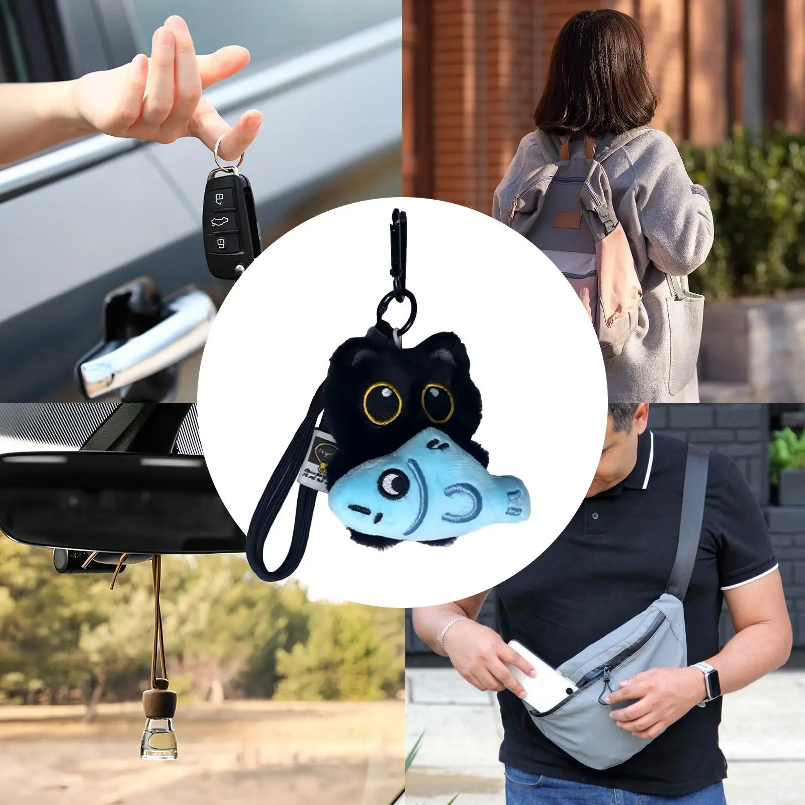 Lindo llavero de gato 3D de dibujos animados encanto colgante ornamento sosteniendo peces lindos llaveros de felpa para adolescentes mujeres niños bolsos mochilas
