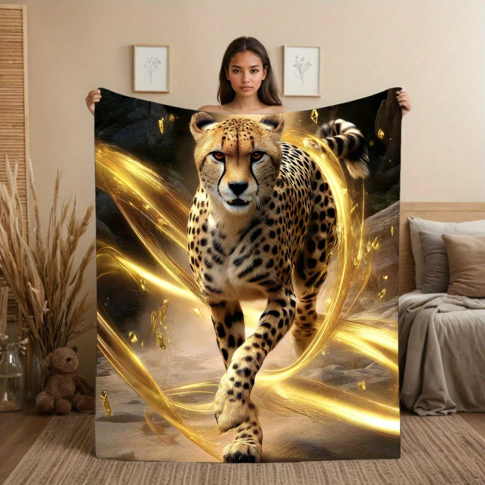 Running Cheetah Throw Blanket  Wild Leopard with Golden Glowing Light Trails Nature Art Decor for Sofa Bedroom Couch Blanket