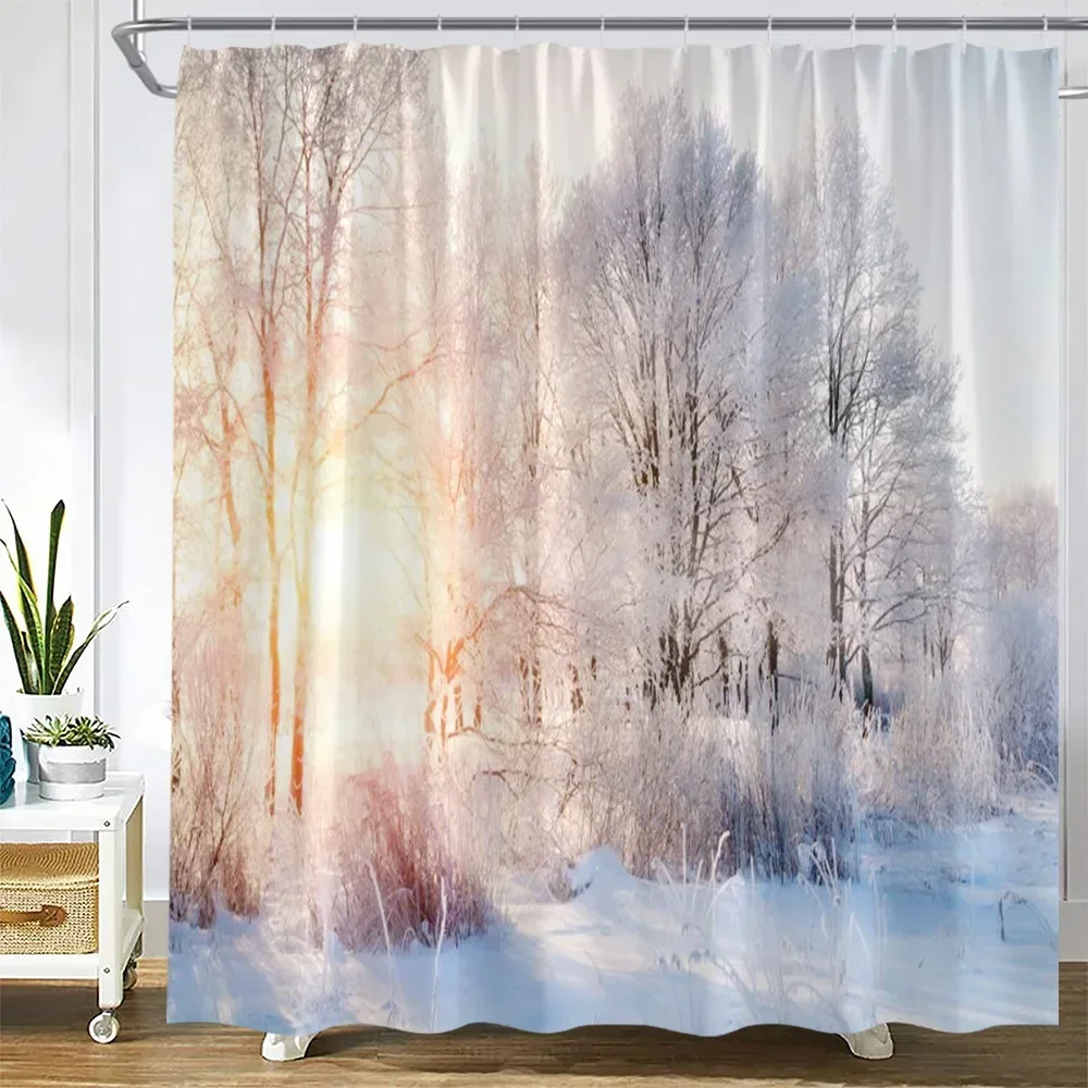 Winter Landscape Shower Curtains Snow Forest Trees Branch Nature Scenery Christmas Home Bathroom Decor Fabric Bath Curtain Sets