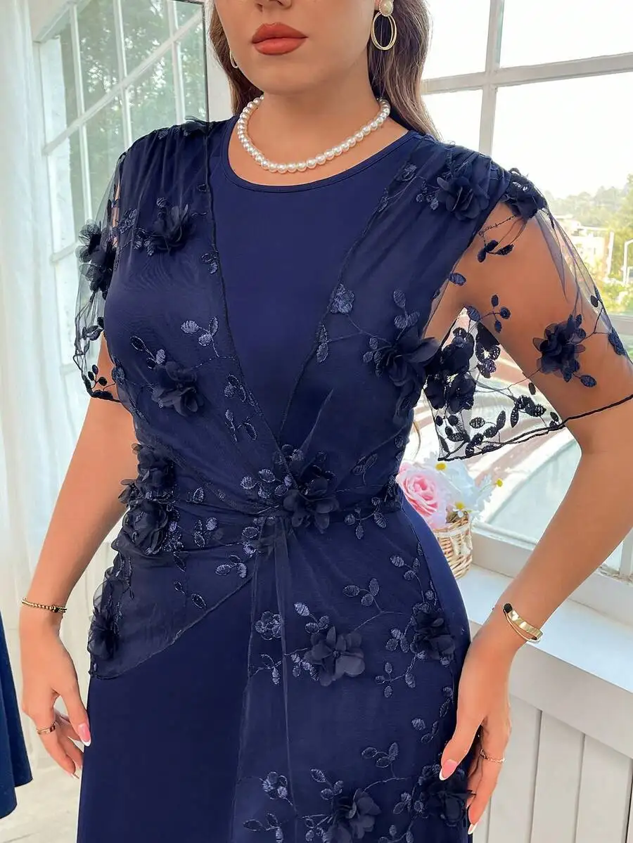 

Navy Blue Floral Embroidered Wrap Dress with Sheer Sleeves and Knot Detail