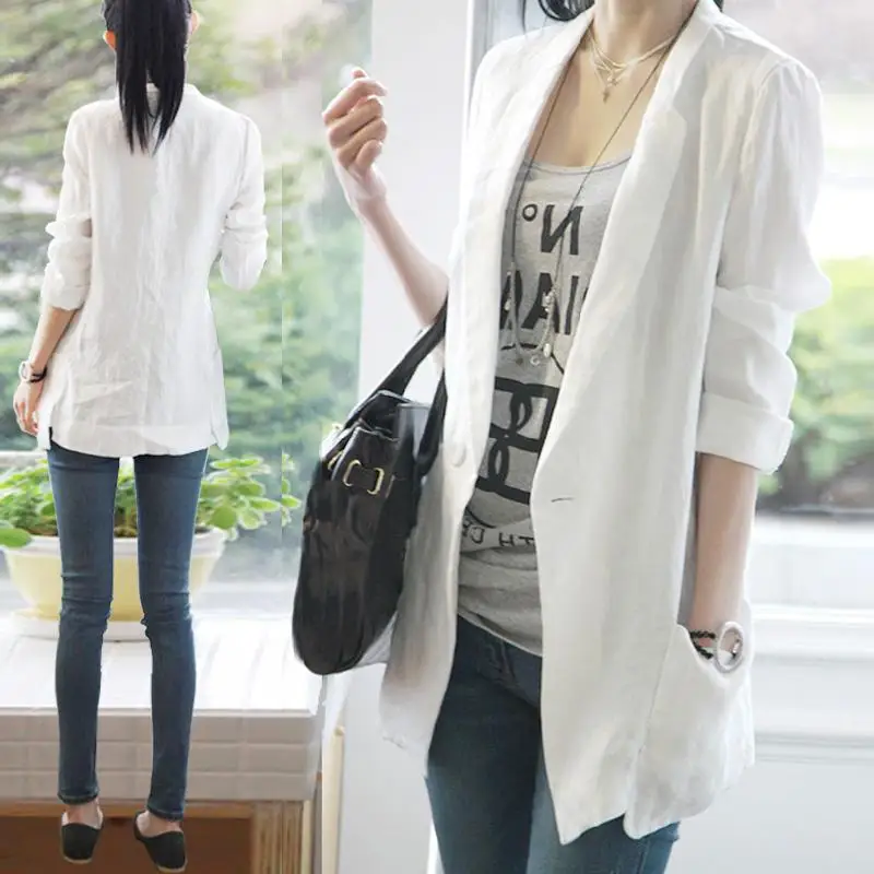 

Loose Casual Cotton Linen Spring Summer Women's Faion Slimming Midi Small Western Sle Suit Jaet Classic Pure Color