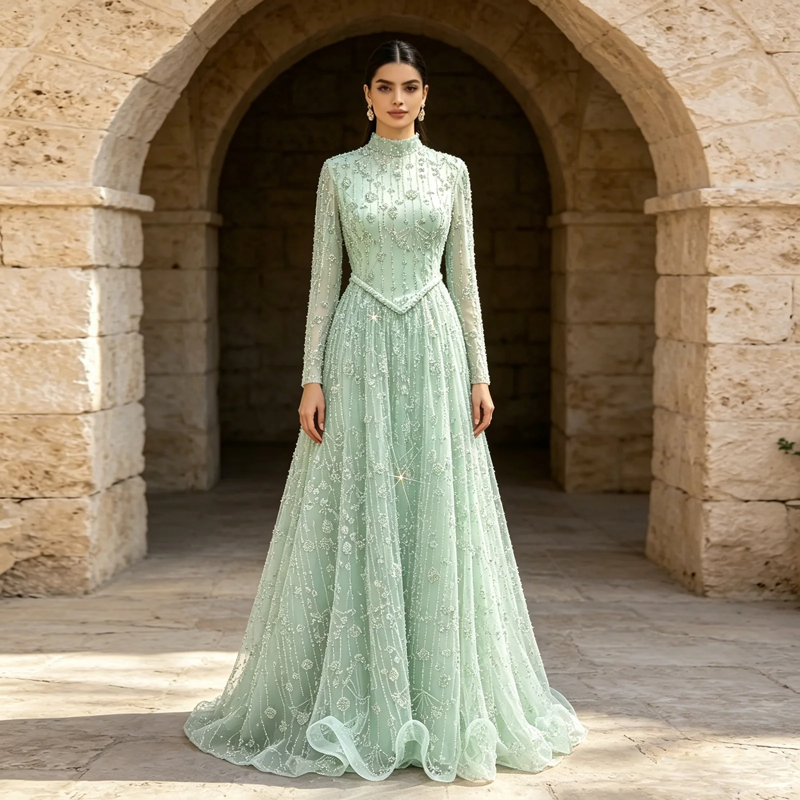 Eshault&bridal Luxury Muslim Evening Dress Long Sleeve A-line Beaded Dubai Formal Gown for Women Wedding Party Customized 2026