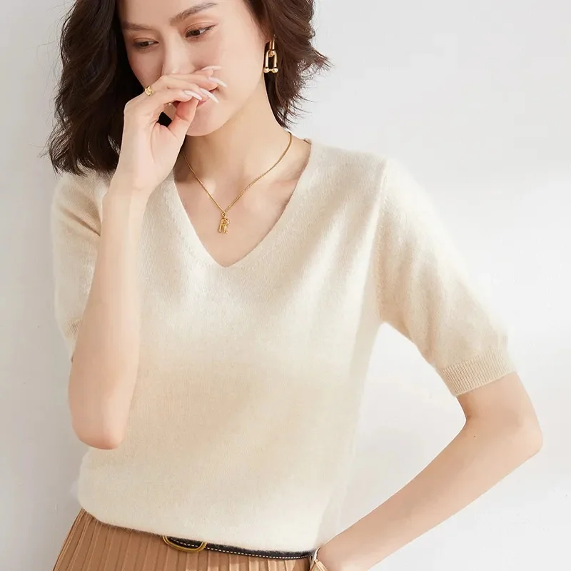 2024 New Short Sleeve Women Sweater Pullover Fashion Merino Wool Basic Tops V-Neck Spring Sumer Autumn Jumper Knitwear Clothing