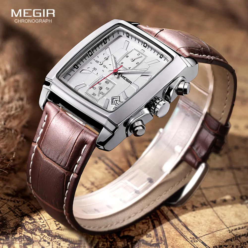 Megir Rectangle Dial Leather Strap Watch for Men Casual Blue Chronograph Quartz Watches Man Wristwatch Montre Reloj Часы М�