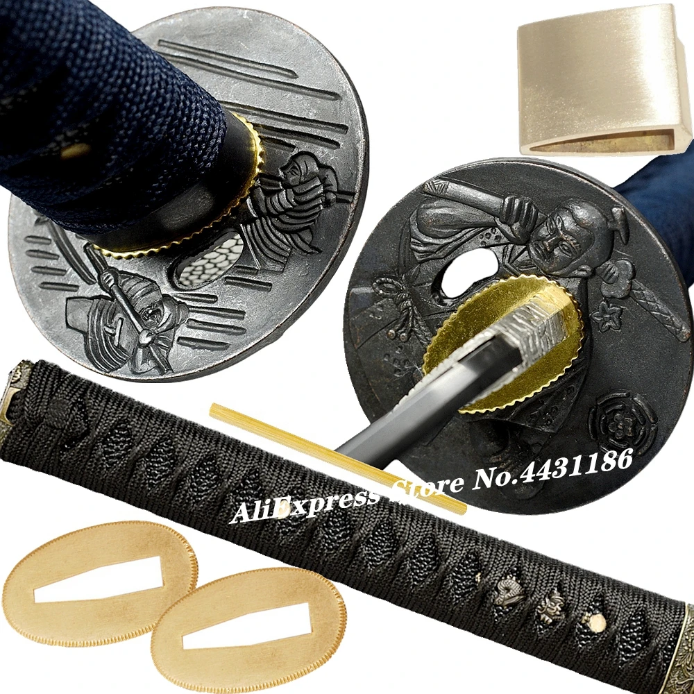 Black Samurai Set Sword Fittings Alloy Tsuba+Menuki+Fuchi+Kashira+Handle+Habaki+Seppa For Japanese Katana/Wakizashi Accessory