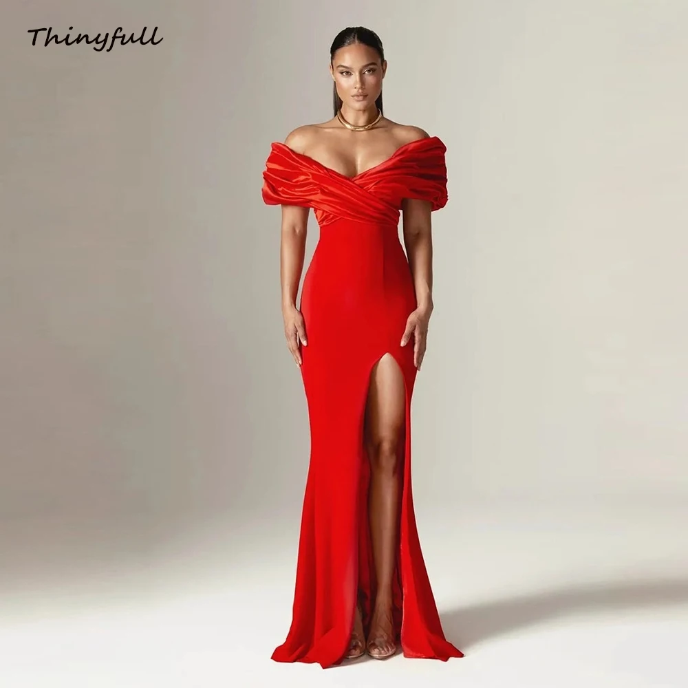 

Thinyfull Mermaid Off Shoulder Prom Dresses Satin Split Evening Gown 2025 Long Formal Occasion Dress Robe De Soirée Customized
