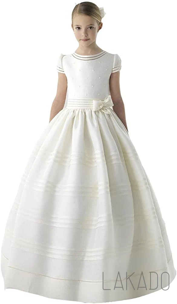 Age 8-14 Years First Communion Dress For Girls Short Sleeve Belt With Bows