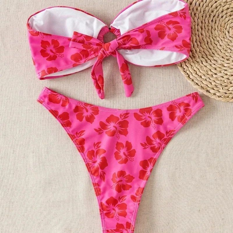 Women Print Sexy Backless Swimsuit Bow Strap Bikini Two Pieces Swimsuit Stunning Flower Bikini