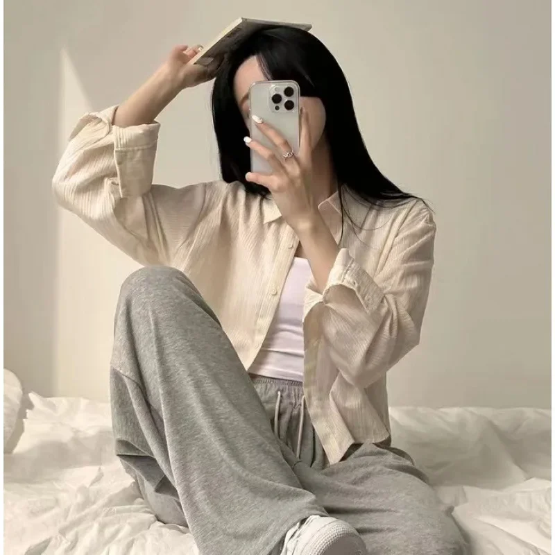 

Шикарные короткие рубашки Blusas в синюю полоску, женская дизайнерская нижняя рубашка, японская корейская однобортная верхняя одежда с длинными рукавами и лацканами 블라우스