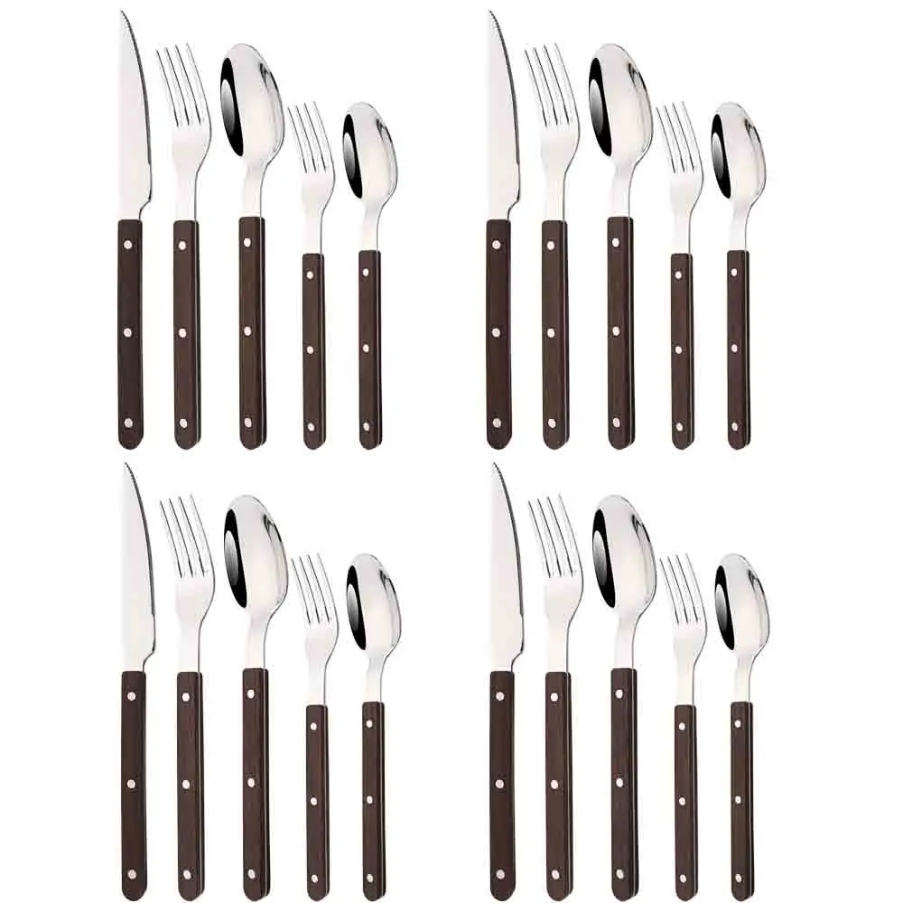 5/20Pcs Imitative Wood Silver Dinnerware Set Western Knife Fork Spoons Set Mirror Stainless Steel Cutlery Kitchen Silverware Set