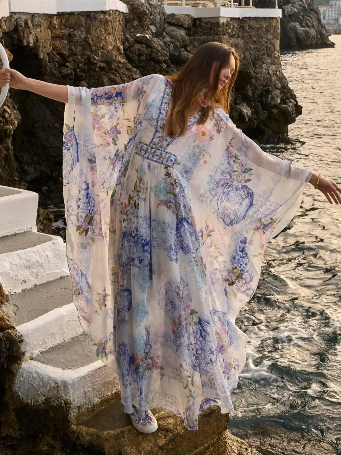 

Women Flower Print Maxi Dress Crystal Beaded V-Neck High Waist Batwing Sleeve Loose Ladies 100% Silk Robe