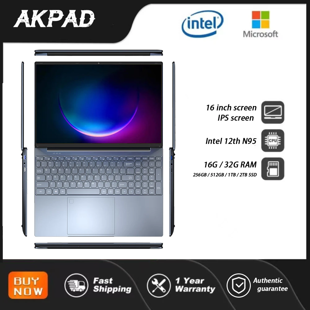 Akpad แล็ปท็อปสำหรับเล่นเกม Windows 10 11โน๊ตบุ๊คสำนักงานเน็ตบุ๊ก16.1นิ้ว2K หน้าจอ Intel Alder N95 16G 32G DDR4คอมพิวเตอร์ WIFI 2TB