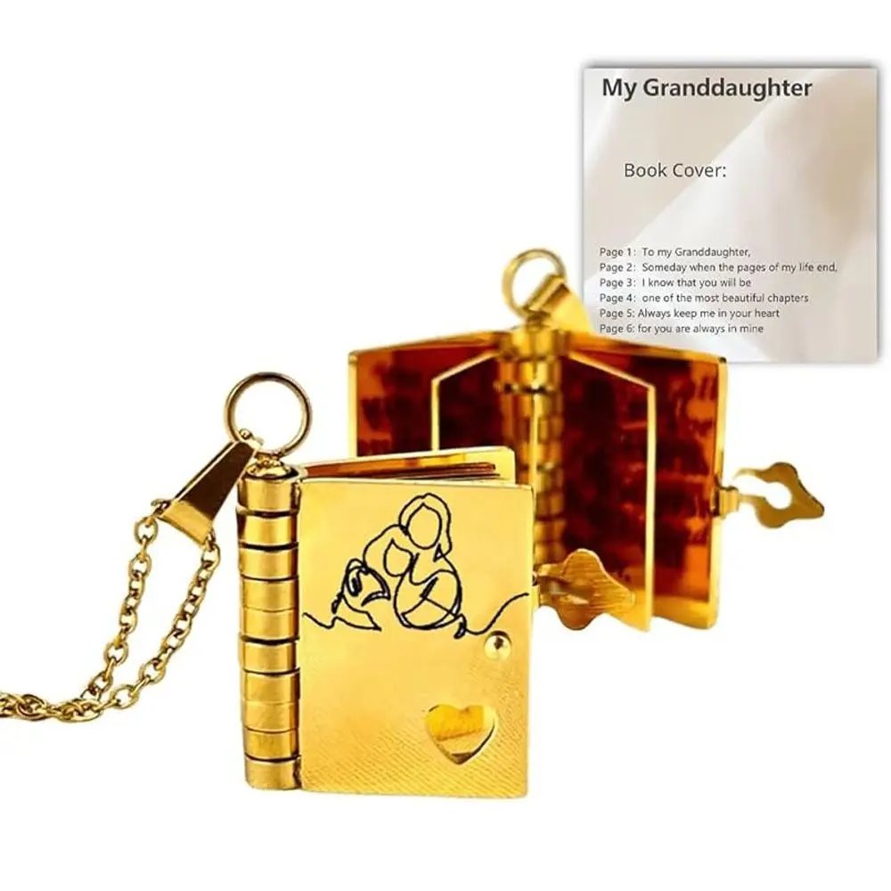 Openable Granddaughter Book Necklace Gold Color with Pages of Engraved Information Message Mini Book Pendant Necklace