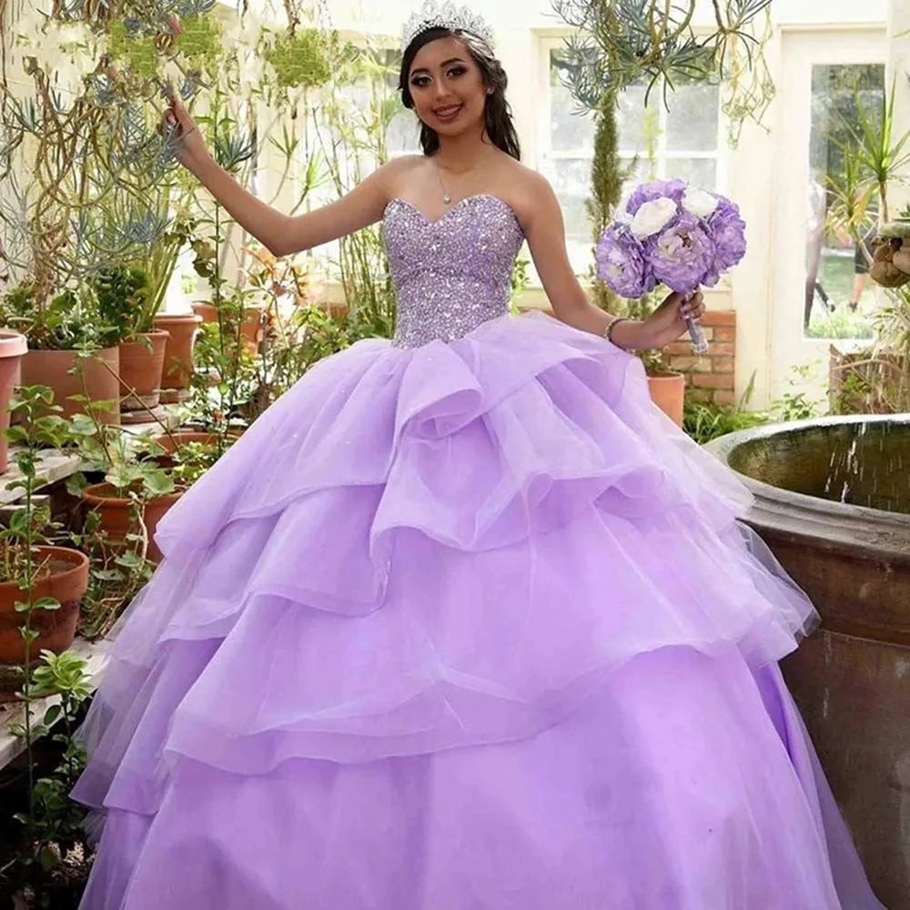 

Sparkly Light Purple Quinceanera Dresses 2022 Off The Shoulder Sequins Beads Sweet 15 Dress Tiered Party Princess Ball Gown