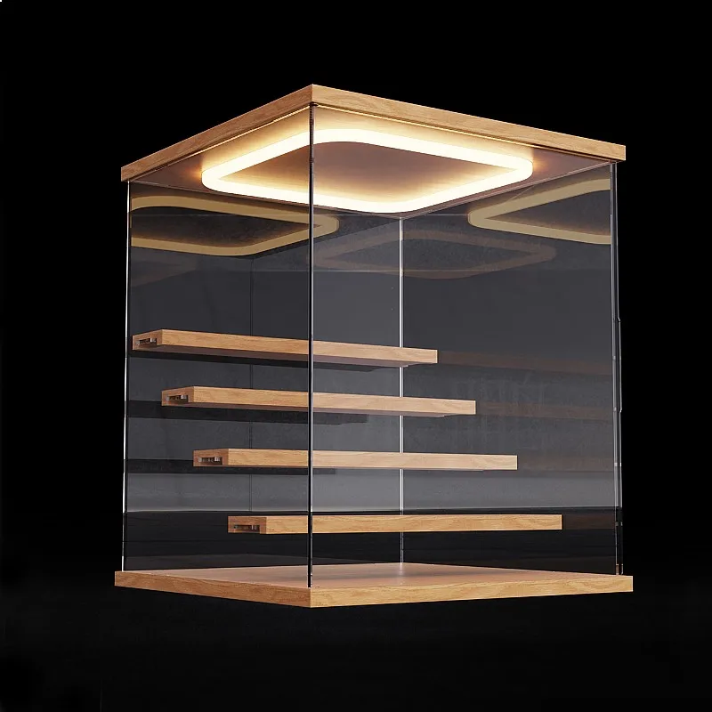 Acrylic Display Case with Staircase Design, Clear Dustproof Storage Box for Collectibles with LED Light