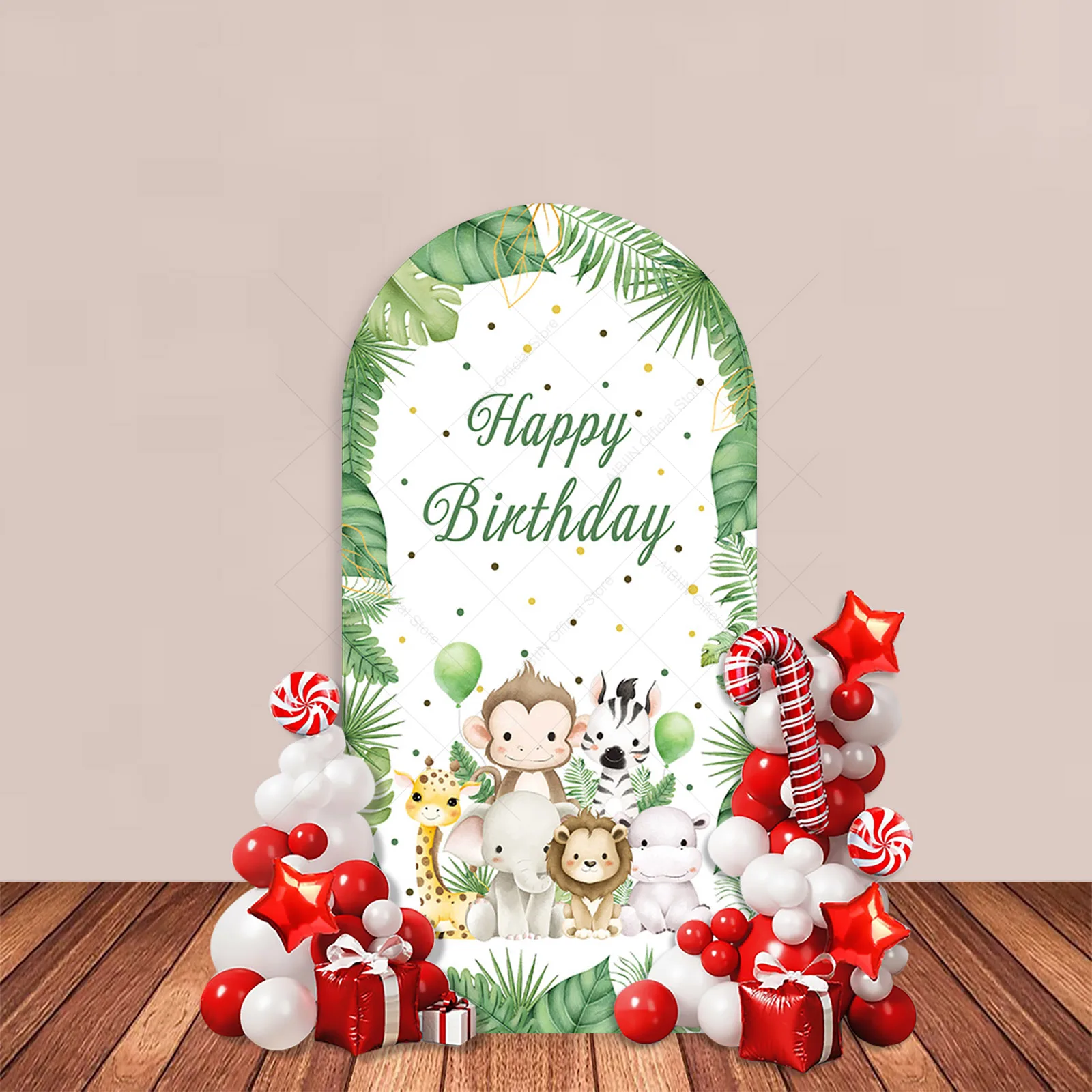 Wild One Year Arch Backdrop Cover Safari Jungle Animals Green Leaves Happy Birthday Party Decor Baby Kids Portrait Background