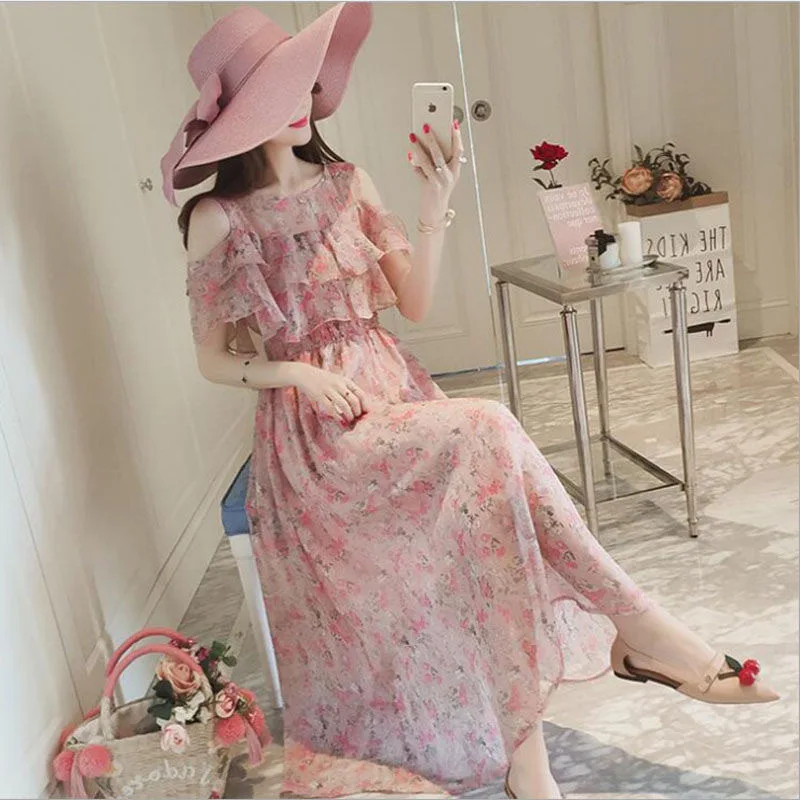 

Summer short sleeve ruffles collar postpartum women breastfeeding chiffon dress floral nursing dress high waist long loose dress