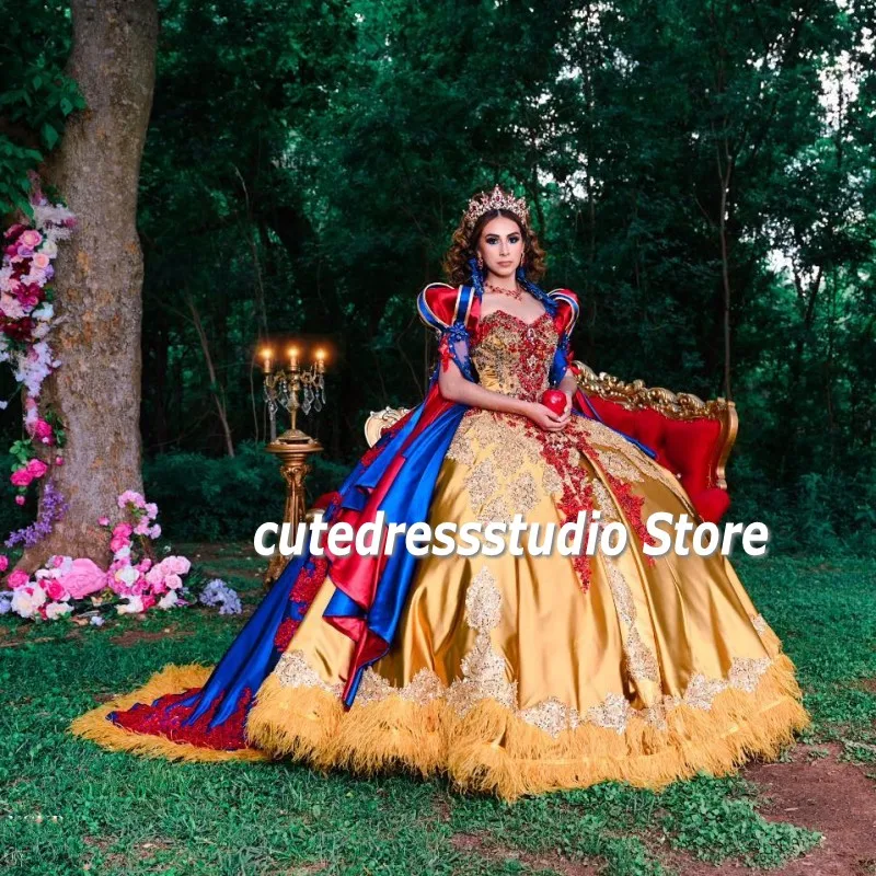 Vintage Vestido De 15 Años Princess Quinceanera Dresses Gold And Blue Applique Mexican Girls Sweet 15 Birthday Party Dress