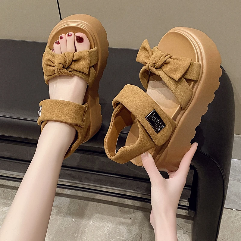 Aphixta Süße 8cm Heels Plattform Sandalen Schmetterling Knoten Haken Schleife Frauen Keil Ferse Schuhe Dicken Boden Sandalen Frau Luxus