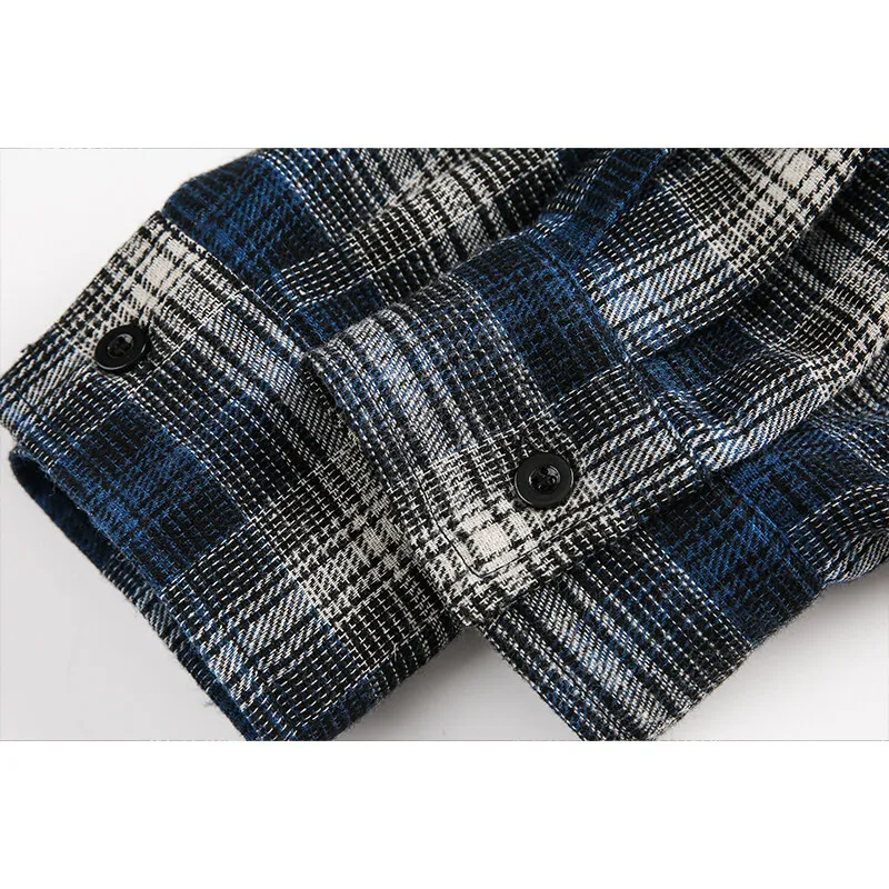 New Men\'s Hooded Plaid Shirt Loose Casual Long Sleeve Checked Overshirt Buttons Blouse Coat Male