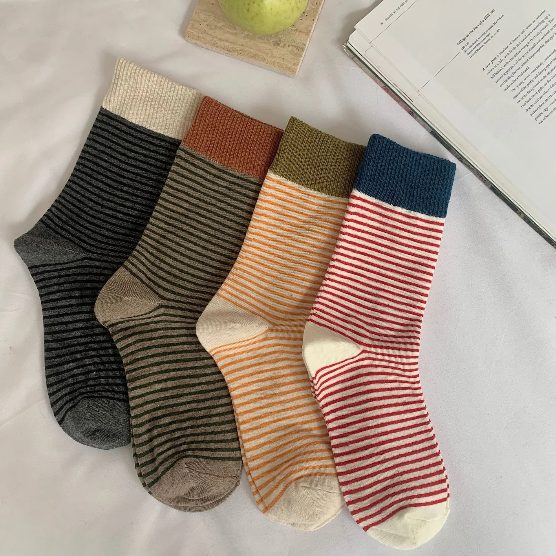 Women Socks Cotton Matching Striped Korean Style Street Vintage Socks Ladies Women's Middle Tube Short Crew Socks For Girls Gift