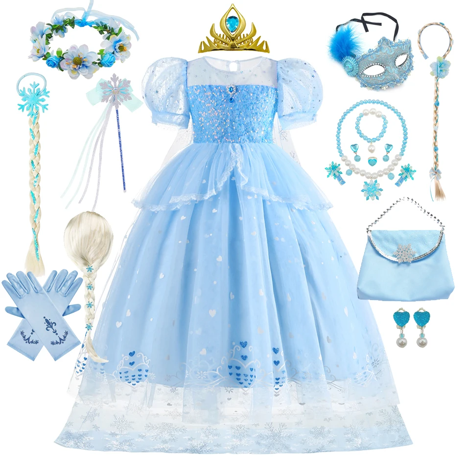 

Kid Halloween Elsa Cosplay Dress Girl Princess Birthday Party Elza Snow Queen Carnival Costume Blue Sequins Clock Mesh Clothing