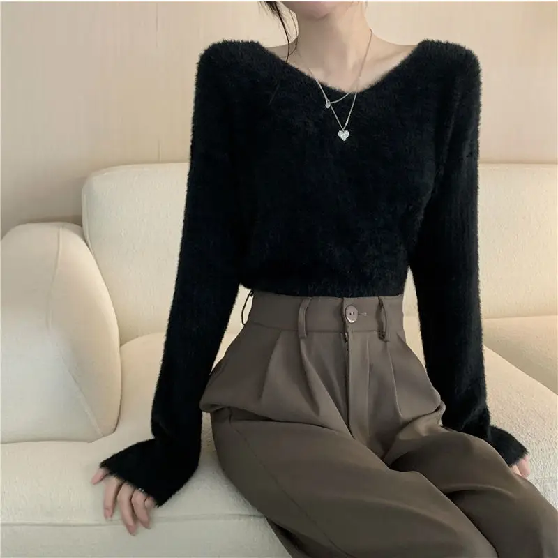 Autumn Winter V-neck Cashmere Sweater Women Thick Gray Wool Knitted Soft Warm Knitted Bottoming Sweater Korean Knitwear Jumper