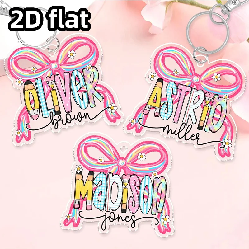 Personalized Backpack Name Tag Keychain, Cute Pink Bow Design