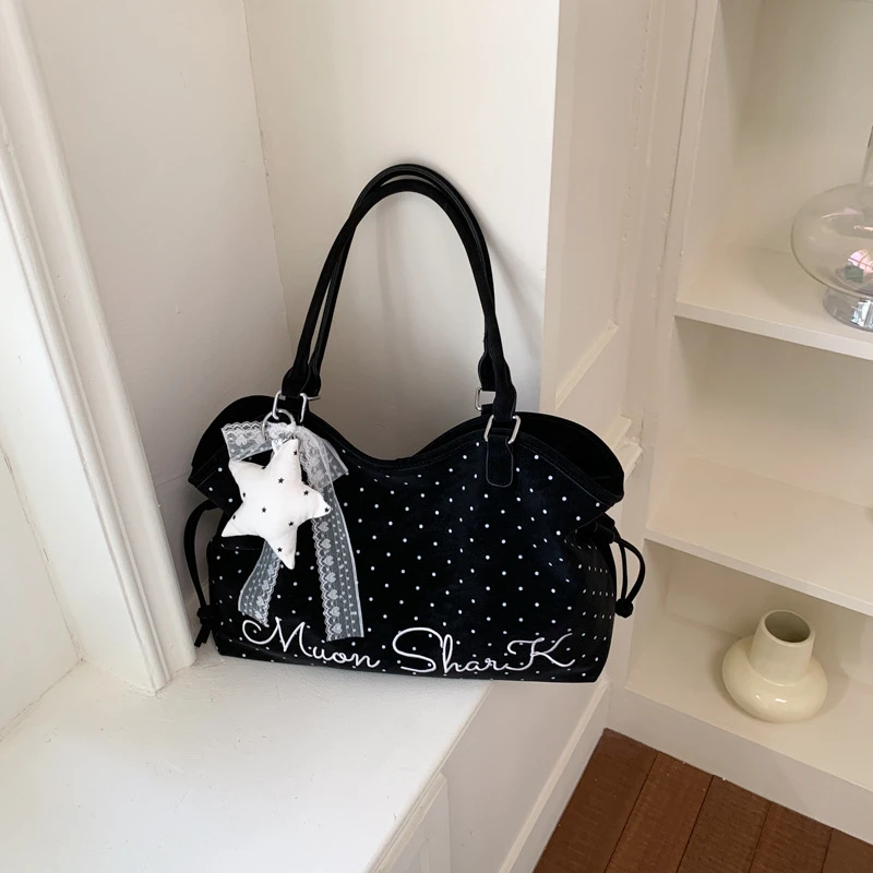 

Polka Dot Star Pattern Canvas Tote Bag Commuter Casual Large Capacity Shoulder Underarm Bag Shopper Bag With Pendant Accessory