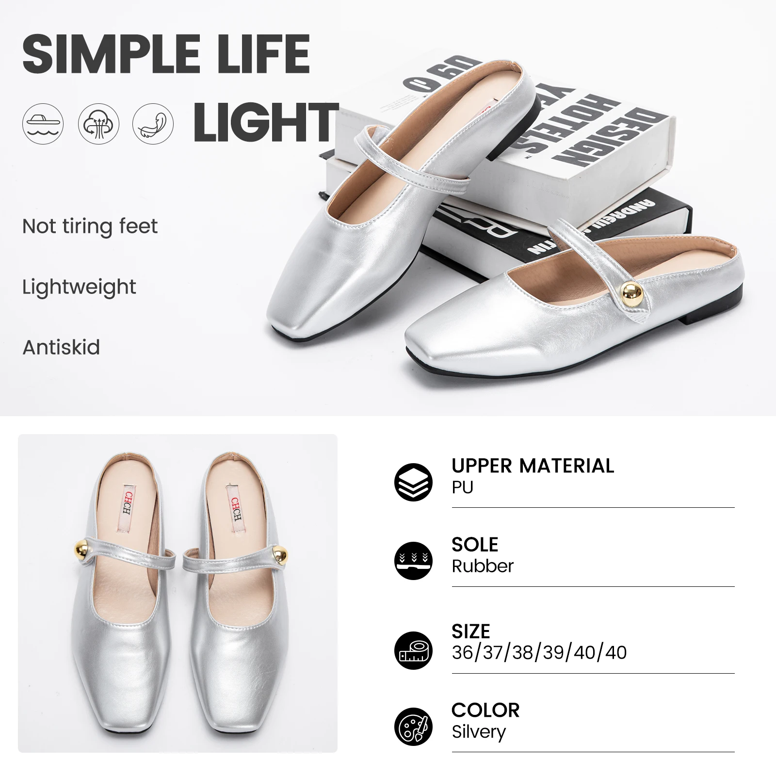 Versatile Style Spring/Summer New Silver Mary Jane Shoes Children\'s Versatile Square Head Shallow Mouth Thick Middle Heel Shoes