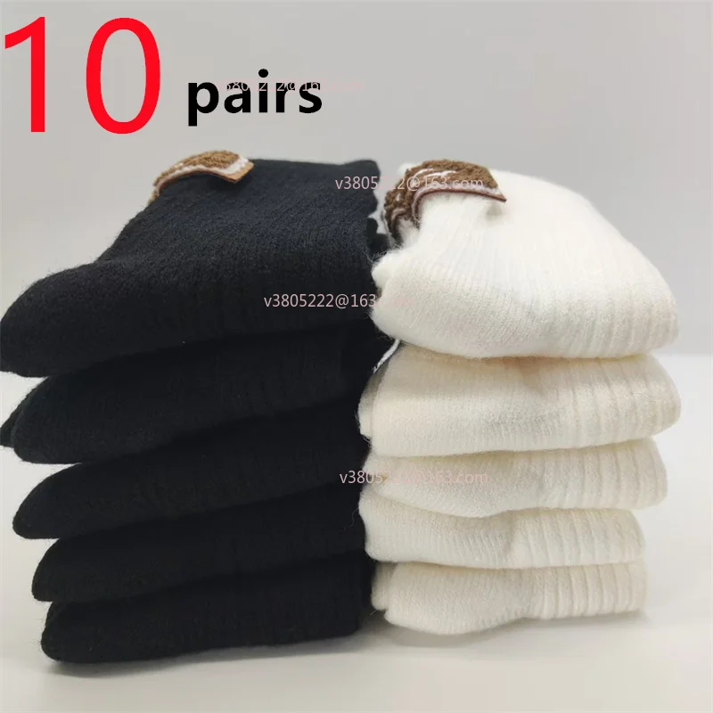 

1/5/10 Pairs Socks Women Luxury Designer Cashmere Wool Sock Solid Warm Thick Pile Embroidered Mid-Calf female Snow Boot Socks