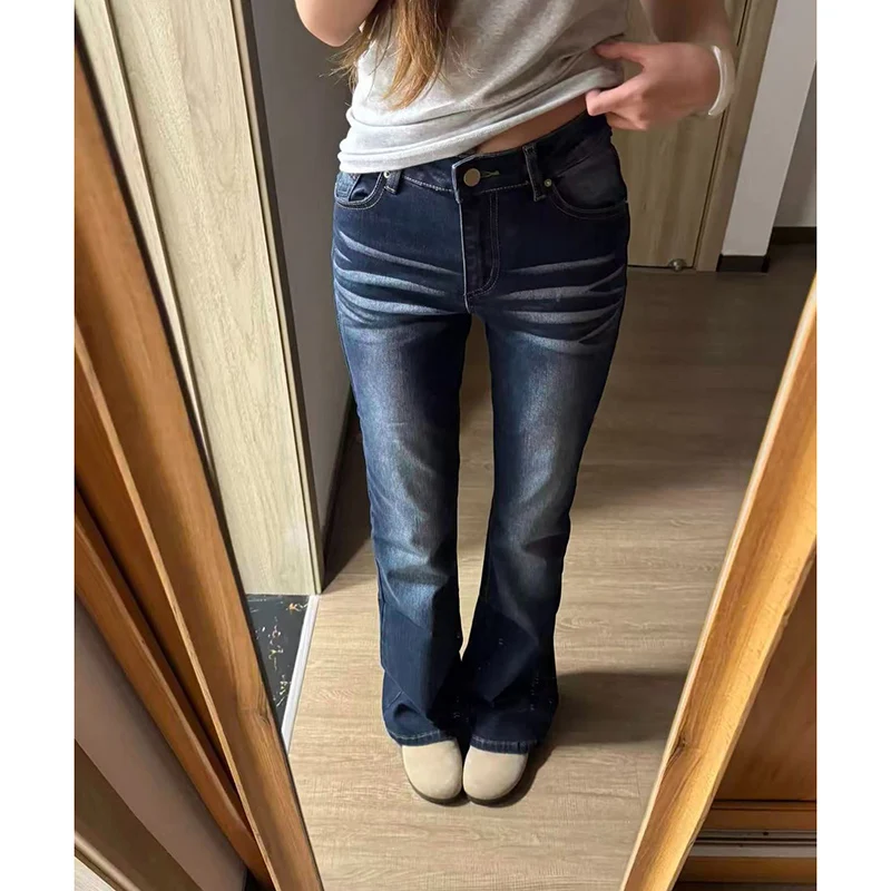 

Girls Retro Classic Low Waist Flared Jeans Women Stretch Thin Long Pants Female Korean Solid Color Denim Trousers