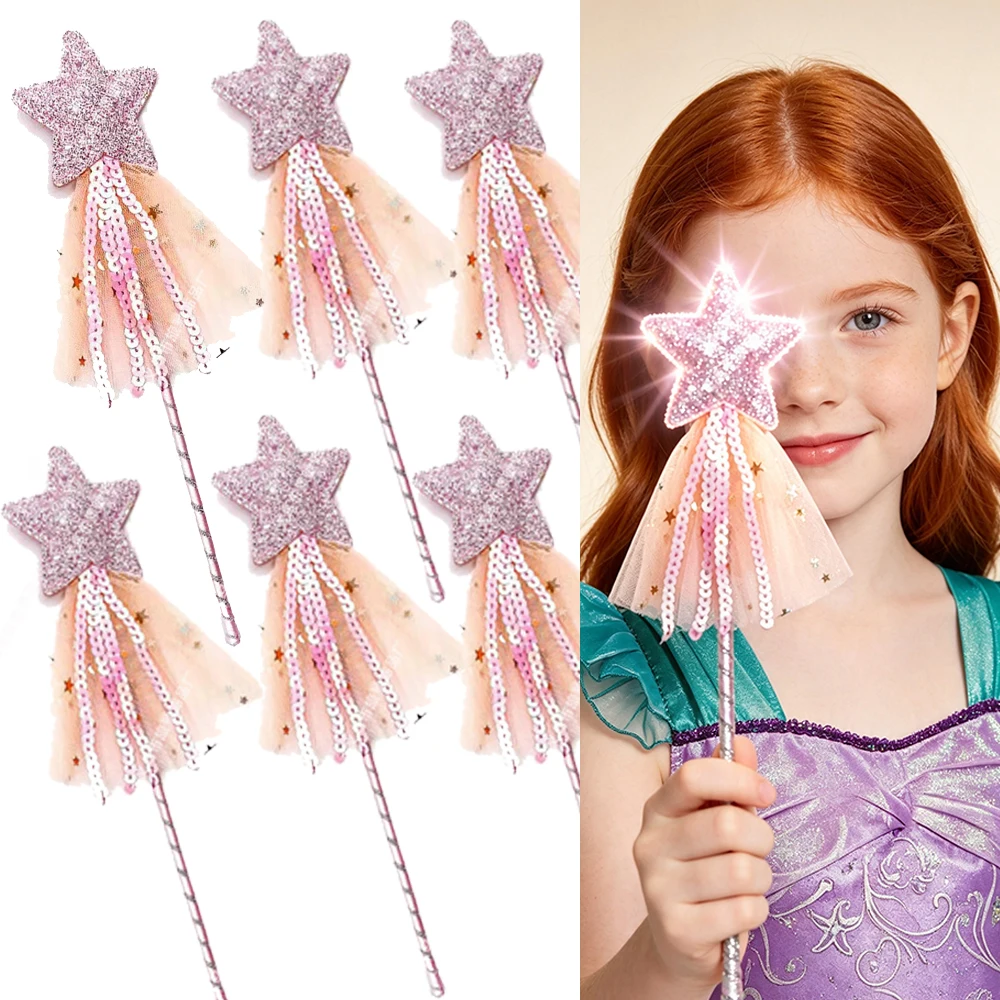 1/3/6/12pcs Fantasy Pink Glitter Stars Wand with Tassels for Children Halloween Princess Party Role Play Costume Accessory