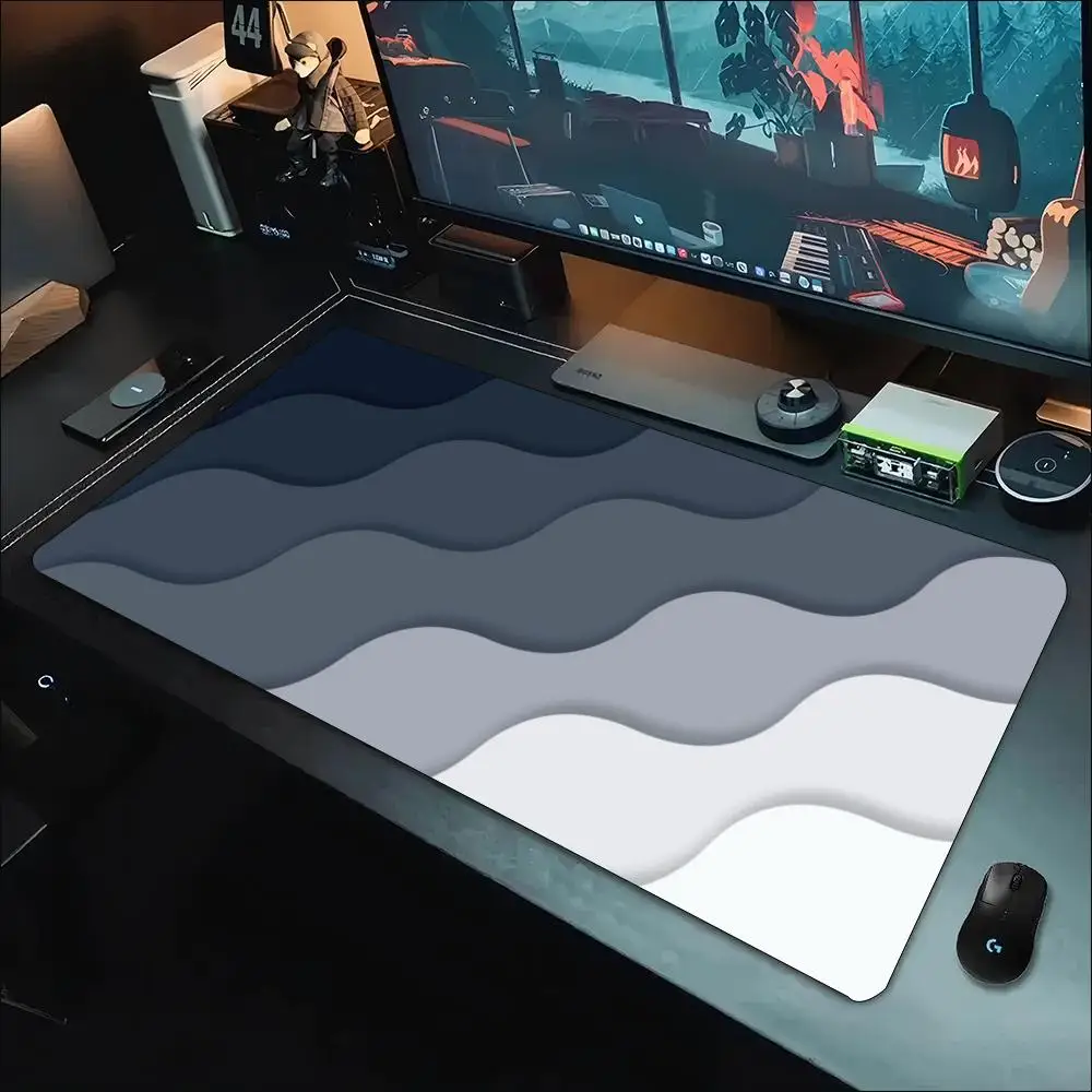 Black White Topographic Waves Large Extended Mousepad Non-slip Base Locked Edges Keyboard Mat for Minimalist Desk Decor