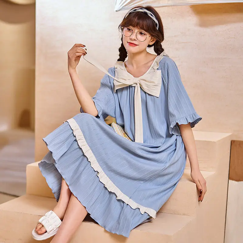 

Loose Princess Nightwear Cotton Square Neck Homewear Sweet Bow Lace Trim Sleepshirt Causal Homedress Kawaii Ruffles Nightgown