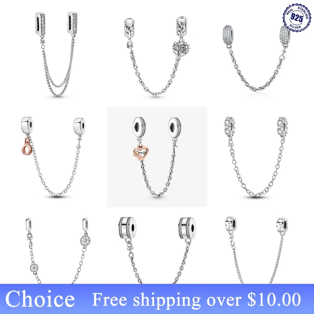 PANPOKI 925 Sterling Silver heart Sunflower Safety Chains Spacer Beads Charms Fit Pandora 925 Original Bracelets DIY Jewelry