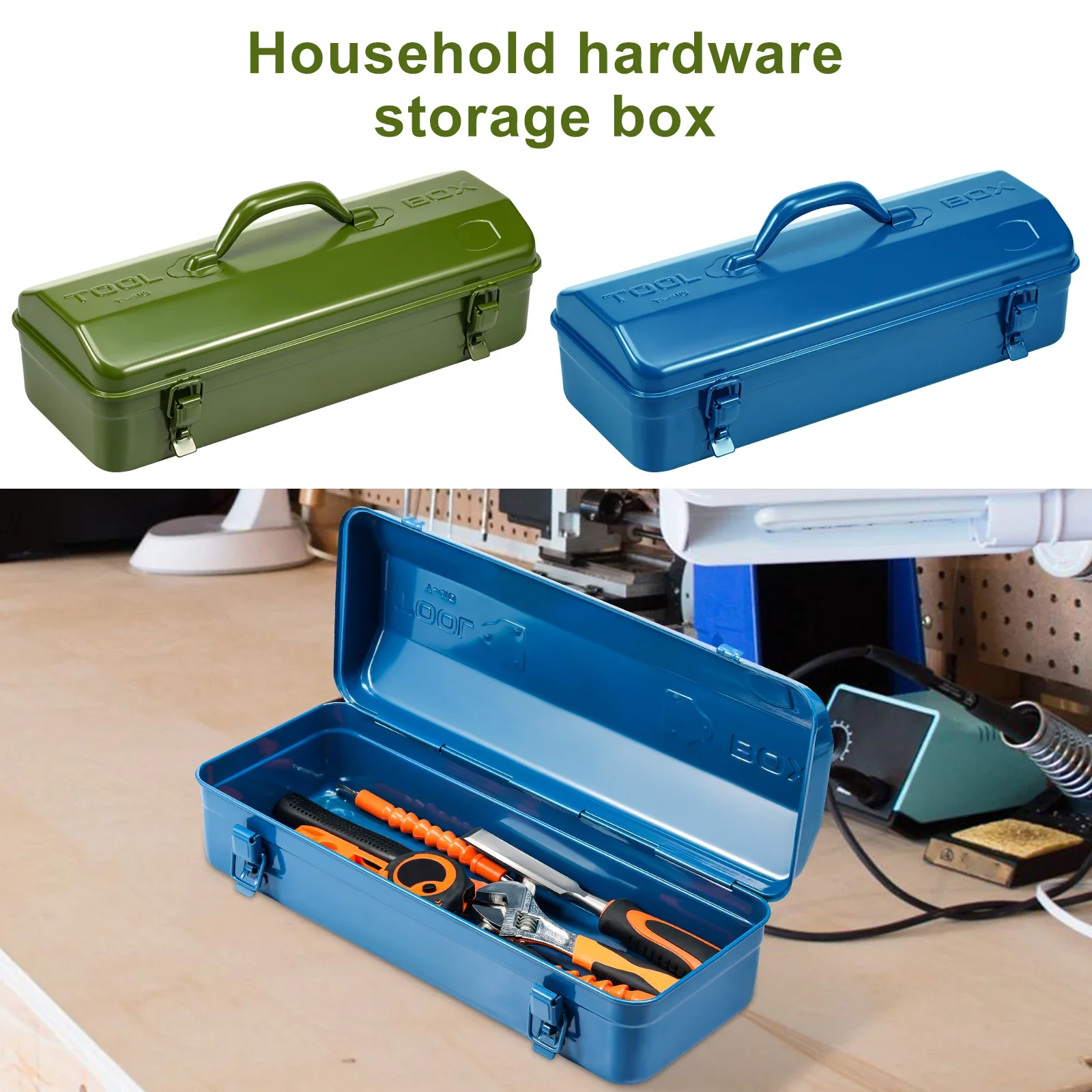 

16.9inch Tool Box Portable Steel Tool Box Hip Roof Style with Metal Latch Closure Tool Chest for Household Workshop 43x17x13cm