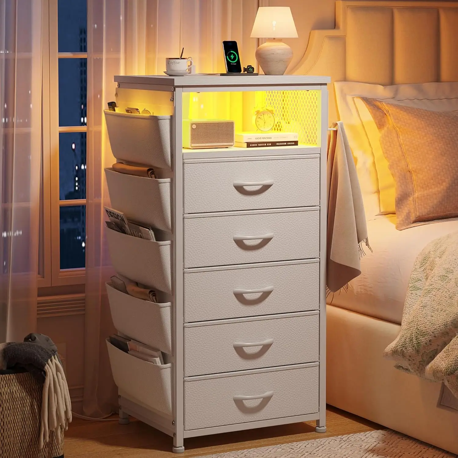 Night Stand Set 2 with Charging Station, 5 Drawers, LED Nightstands with USB Ports & Outlets, White Nightstand with Side Bag