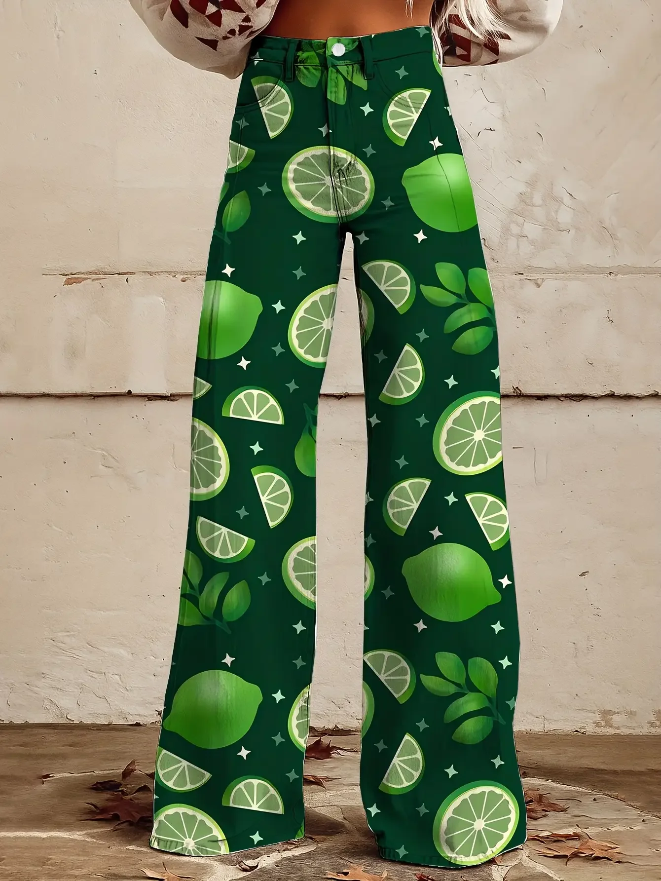 Women's slim fit wide leg flared pants, European and American niche women's irregular 3D printed jeans wide leg pants