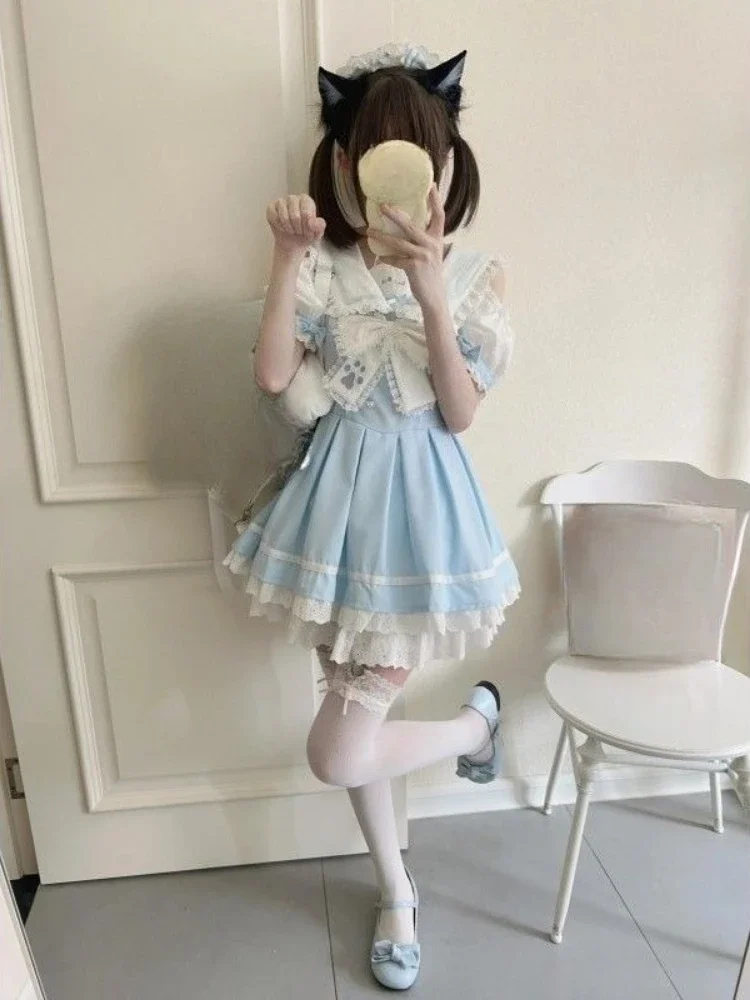 Japanese Kawaii Sweet Bow Lolita Dresses Preppy Style Sailor Collar Off Shoulder Vestidos Summer Lace Patchwork Grunge Dress