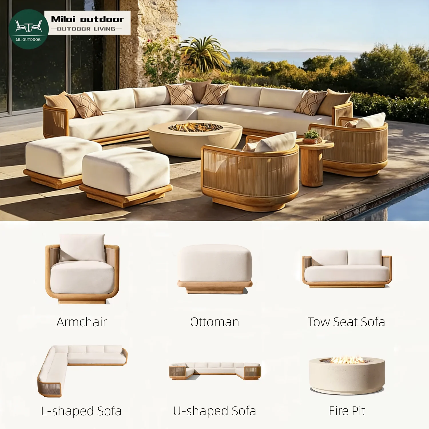 Modern Teak Outdoor Sofa Set Waterproof Cushions Solid Wood L-shaped Sofa Conversation Set Garden Balcony Villa Hotel Apartment
