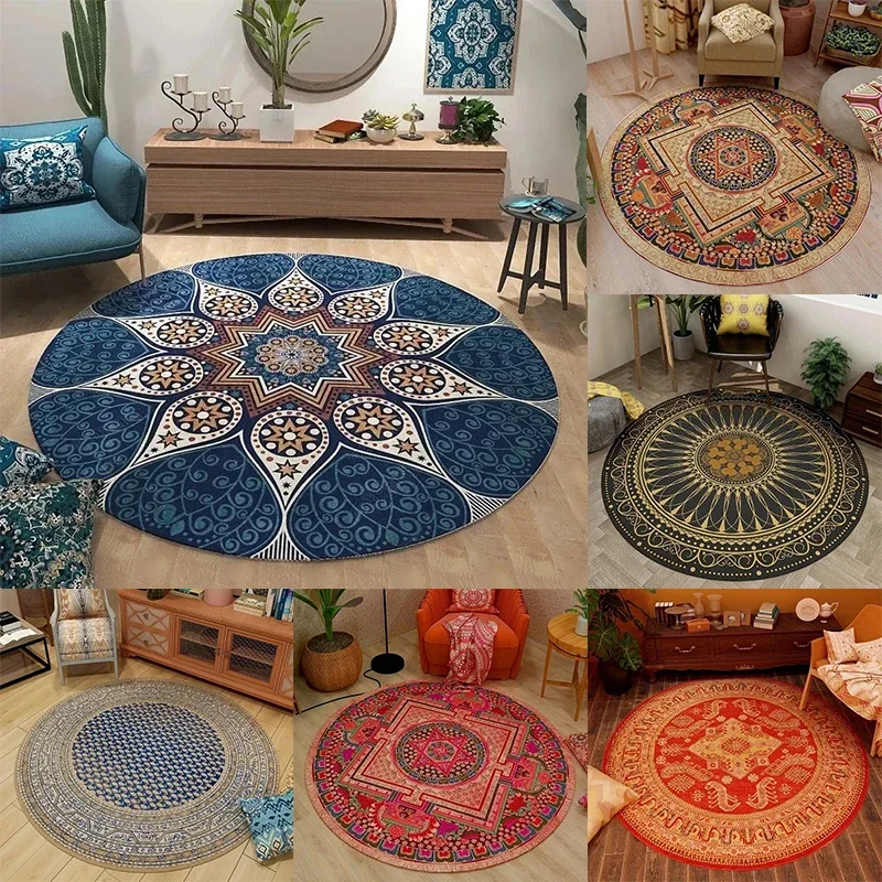 Bohemian Round Rug with Intricate Mandala Patterns – Colorful Floor Mat for Living Room & Bedroom Decor