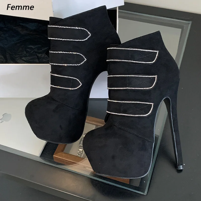 Handmade Black Suede Platform Ankle Boots with Crystal Straps - Stiletto Heel - Rhinestone Embellished Ladies US Plus Size 35-42